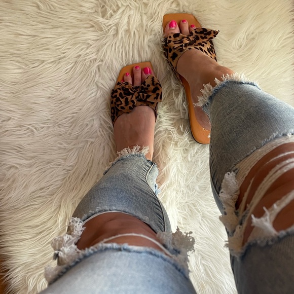Leopard Bow Square Toe Slide Sandals - Picture 14 of 16